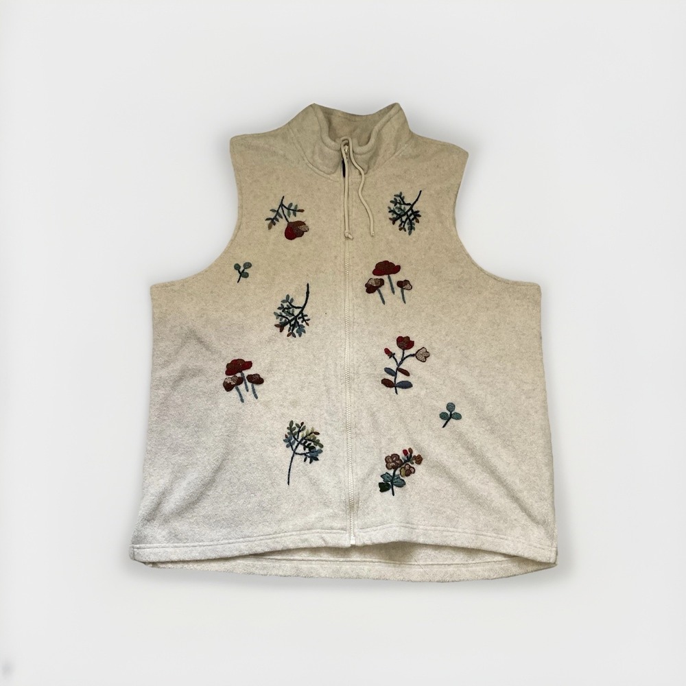 Cascade Blues Vest Womens 2X Embroidered Floral Full Zip Mushroom Organic Hippie